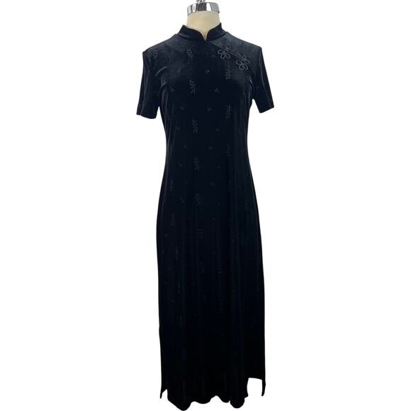 Molly Malloy Petite Vintage Black Velvet Maxi Dress Mock Neck Asian Floral Sz 8 - Picture 4 of 16